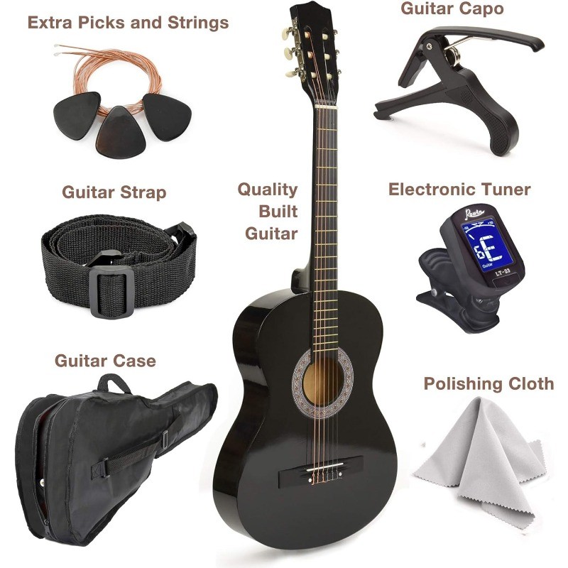 30″ Wood Guitar with Case and Accessories for Kids/Girls/Boys/Beginners (Black)
