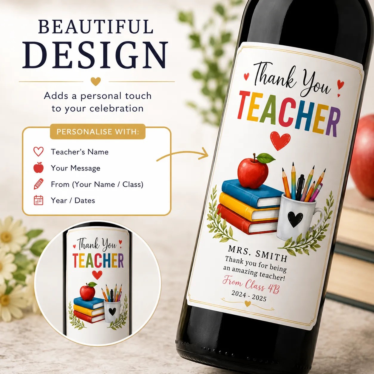 Personalised Teacher Thank You Bottle Label Sticker Custom Wine Gift