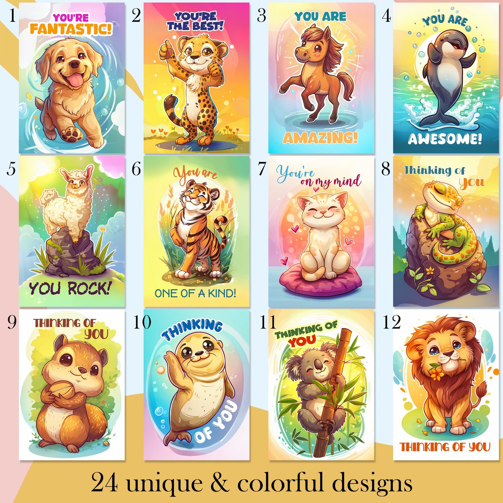 Hat Acrobat 24 Funny Greeting Cards Assortment Box with 4×6 inches, Animals