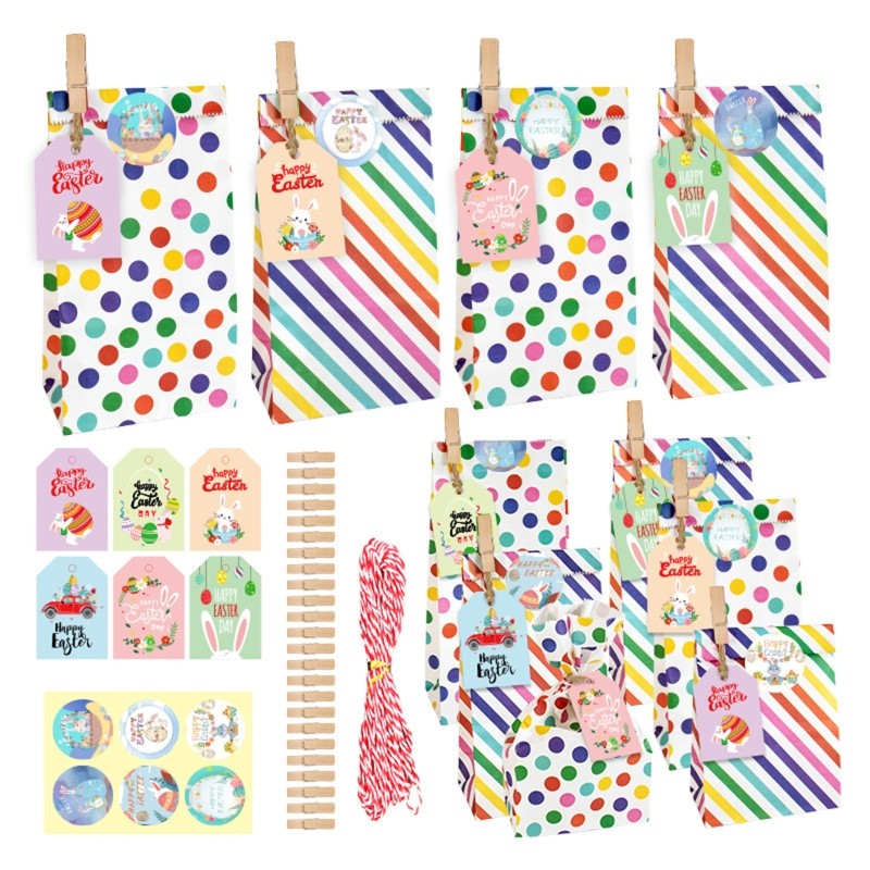 DIY Easter Gift Paper Bags Set include Bag Clips Stickers Hanging Tags Rope