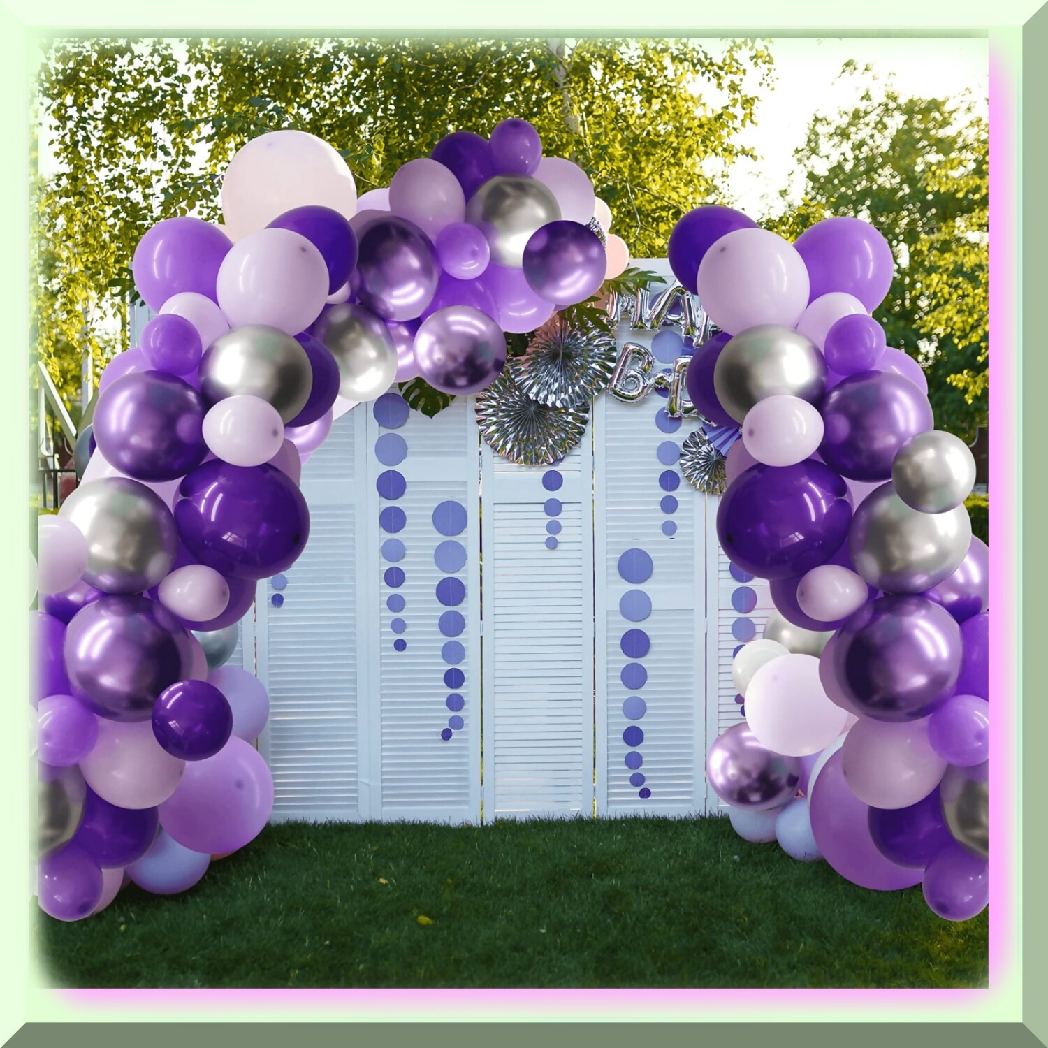 Purple and Silver Balloon Garland Kit with Butterfly Decorations