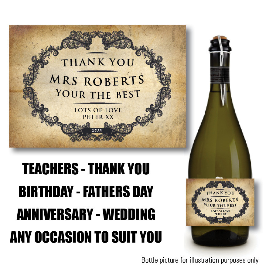 PERSONALISED WINE CHAMPAGNE PROSECCO BOTTLE LABEL TEACHER GIFT THANK YOU 122