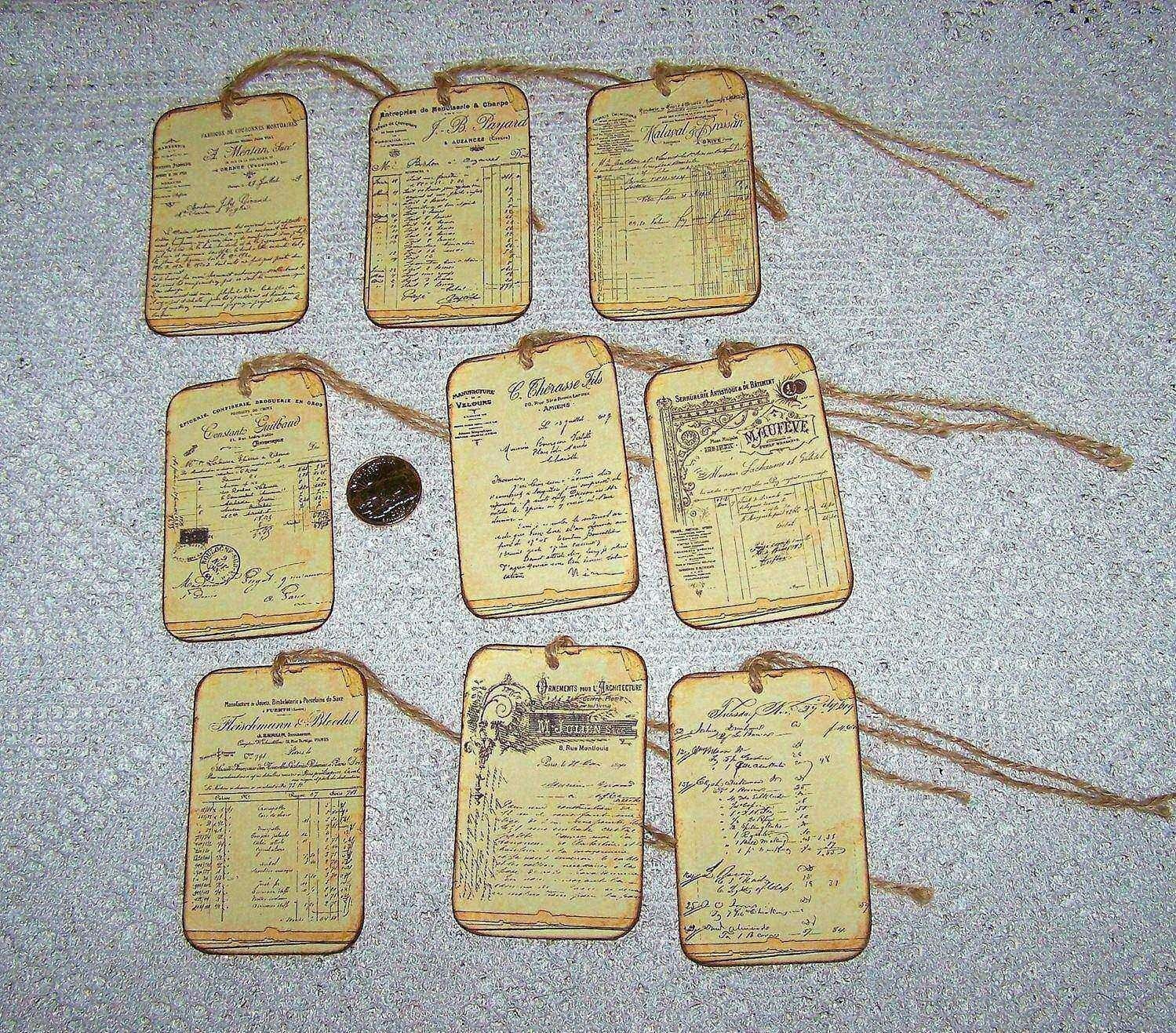 9-Vintage~French~Ephemera~Journals~Invoices~Linen Cardstock~Gift~Hang~Tags