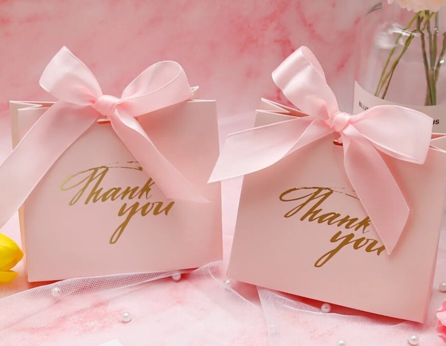 24 Pc Thank You Small Gift Bags Treat Boxes Party Favor w/Ribbons Pale Pink Gold
