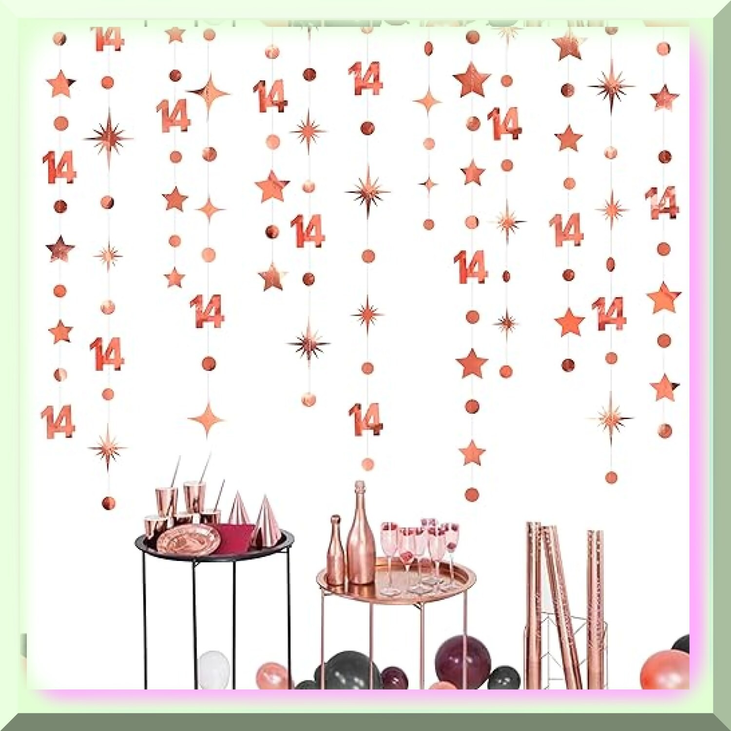 Rose Gold 14th Birthday Decor Kit with Glitter Numbers