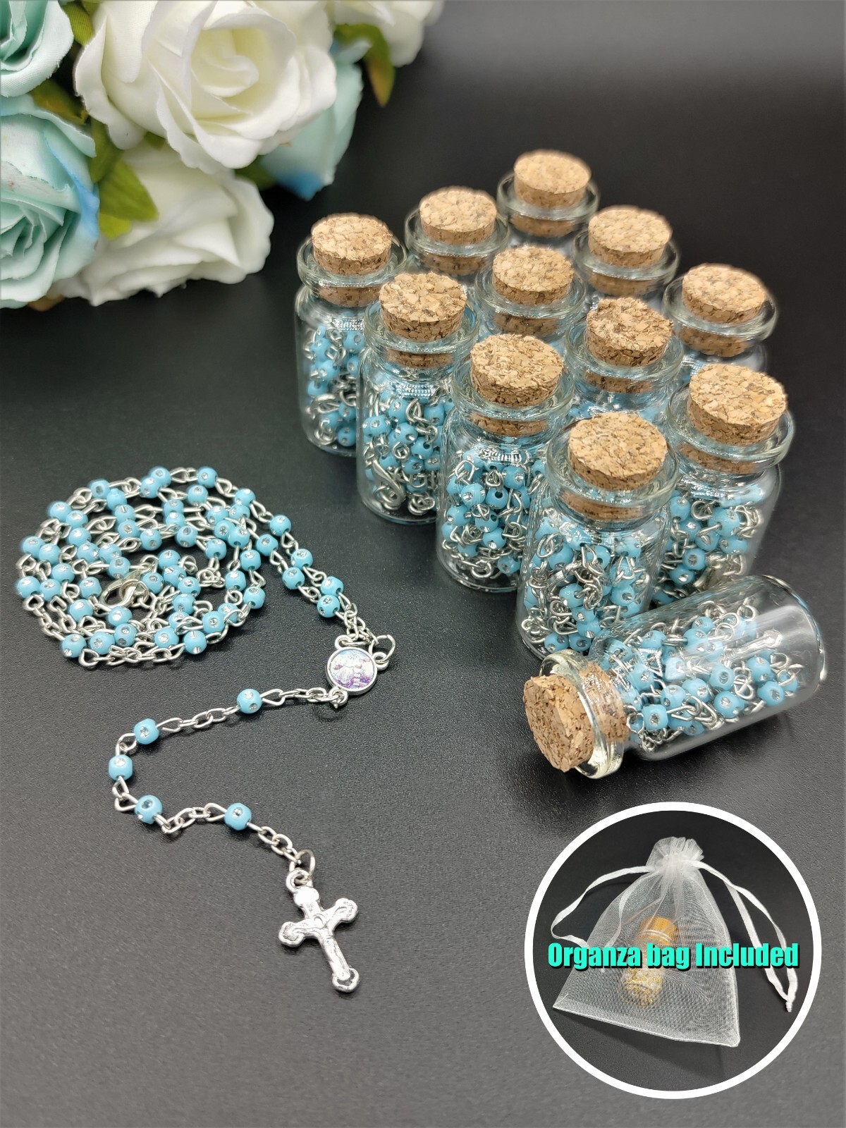 12pcs Rosary in Glass Wishing Bottle Crucifix Holy Communion Baby Shower Favor