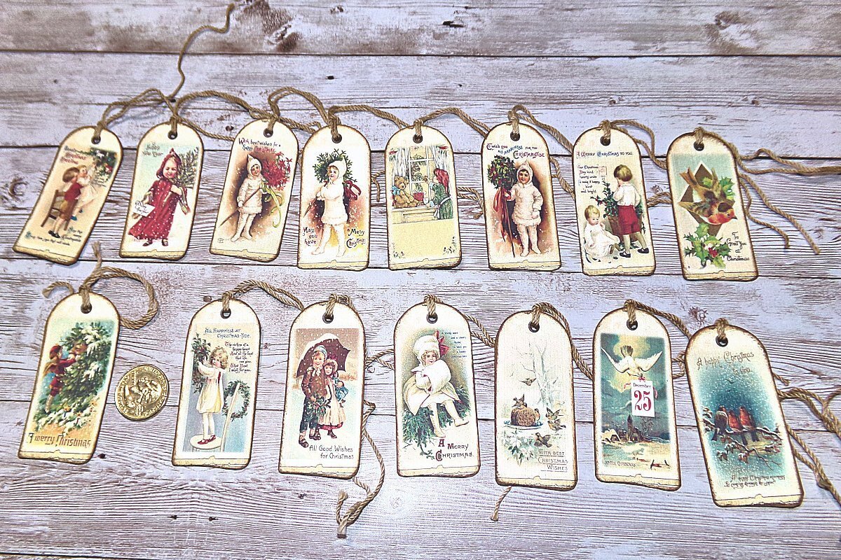 15~Christmas~Vintage~Farmhouse~Ephemera~Linen Cardstock~Gift~Hang~Tags