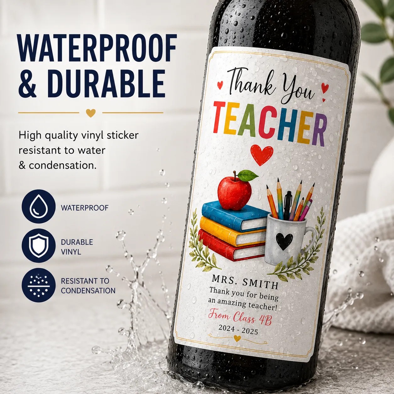Personalised Teacher Thank You Bottle Label Sticker Custom Wine Gift