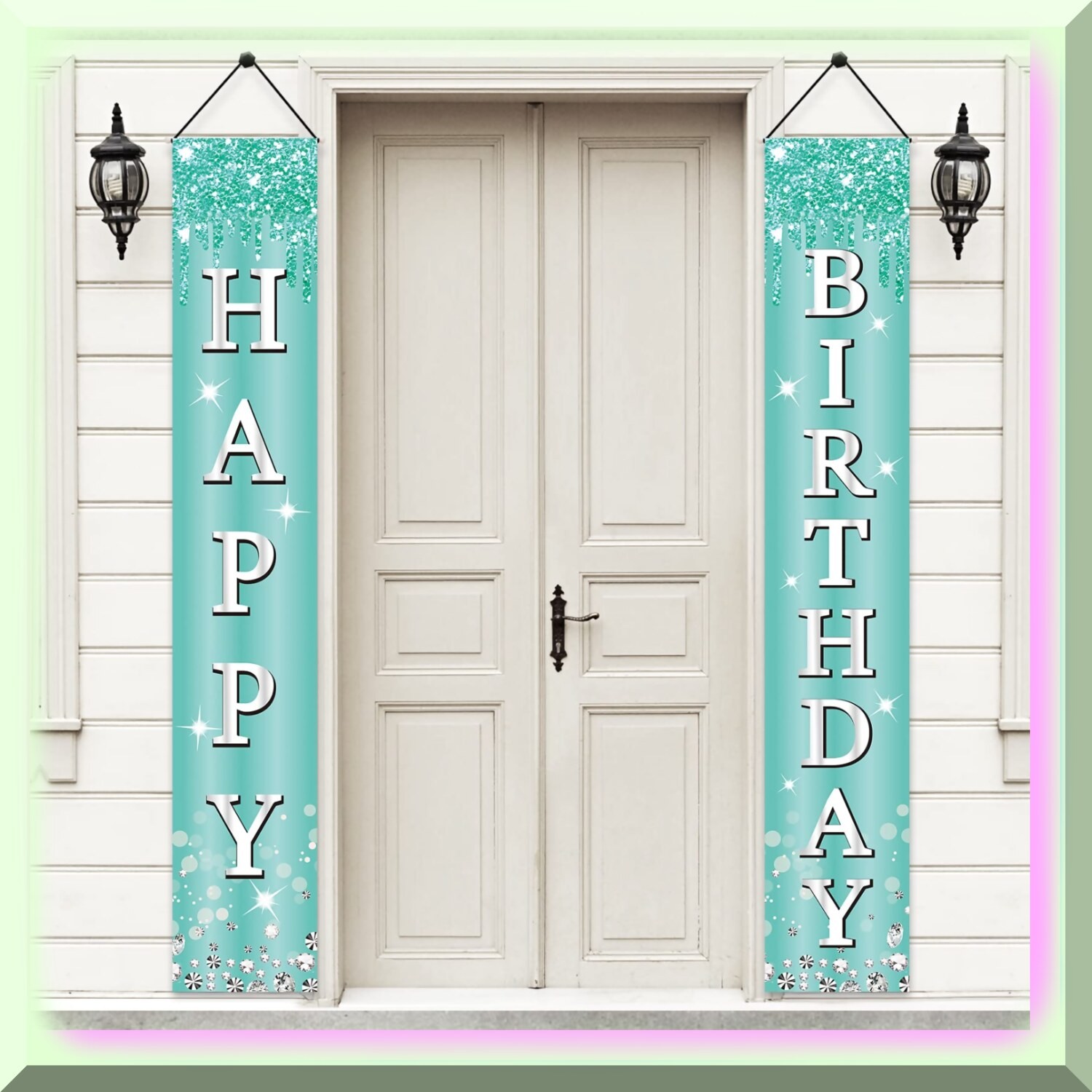 Teal Silver Birthday Door Banner Set for Girls Women