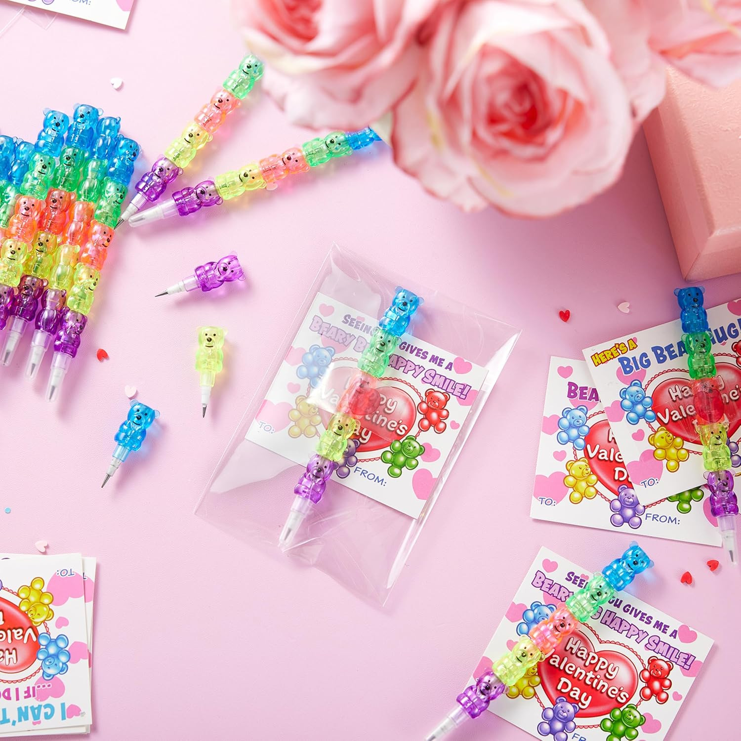 28PCS Valentines Day Plastic Bear Pencils and Cards, Stationery Gift Kids Party