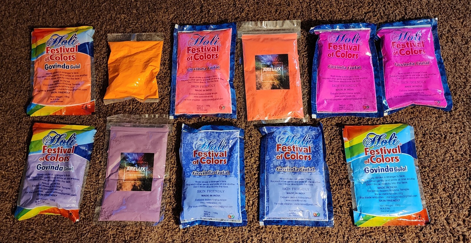 Lot of 11 Colored Powder Assorted Color Packets Holi Areflux Fun Run Color War