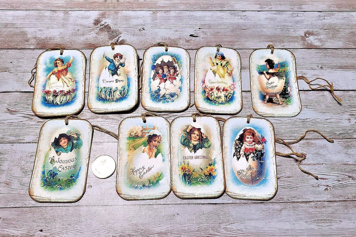 9~Easter~Primitive~Vintage~Eggs~Girls~Fussy Cut~Linen Cardstock~Gift~Hang~Tags