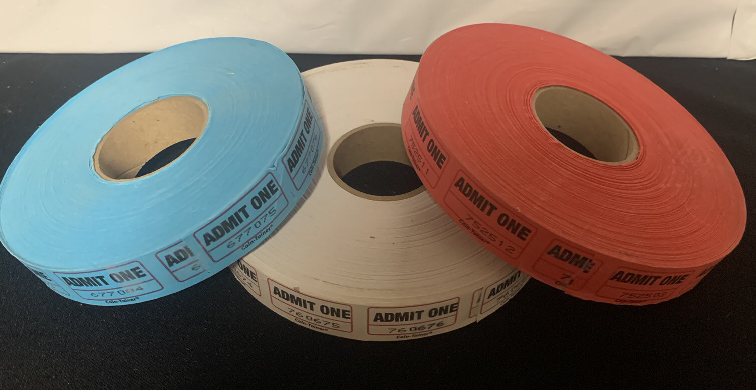 #360 Three Rolls Of Tickets Red White & Blue Single Admit ONE
