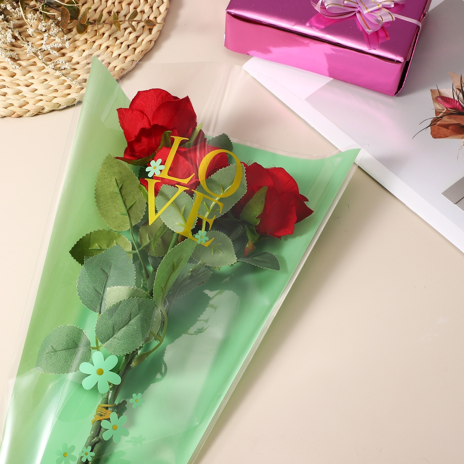150 Pcs Plastic Rose Floral Bouquet Bags 17.7″ Flower Sleeves Bags, Green