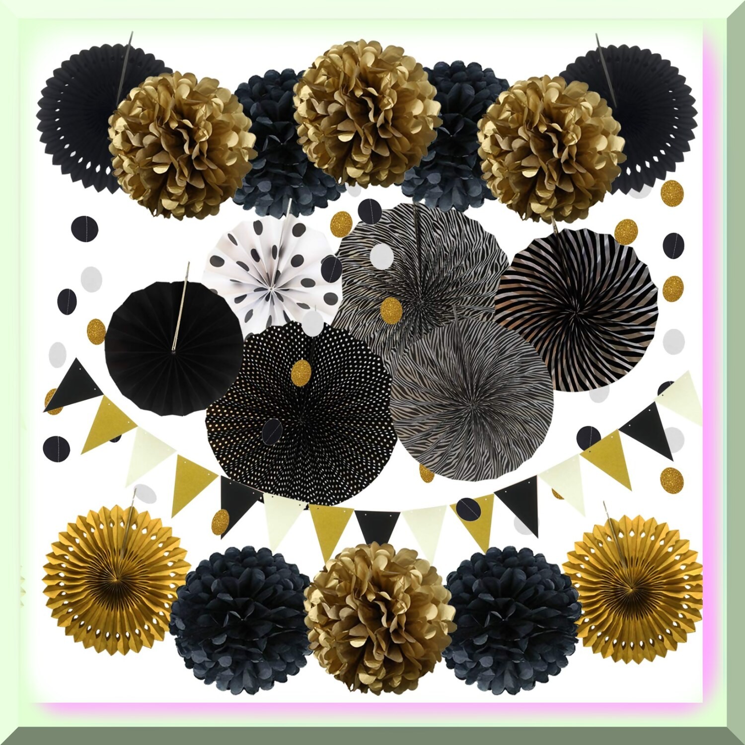 Black and Gold Party Decoration Kit with Fans Pom Poms and Garlands