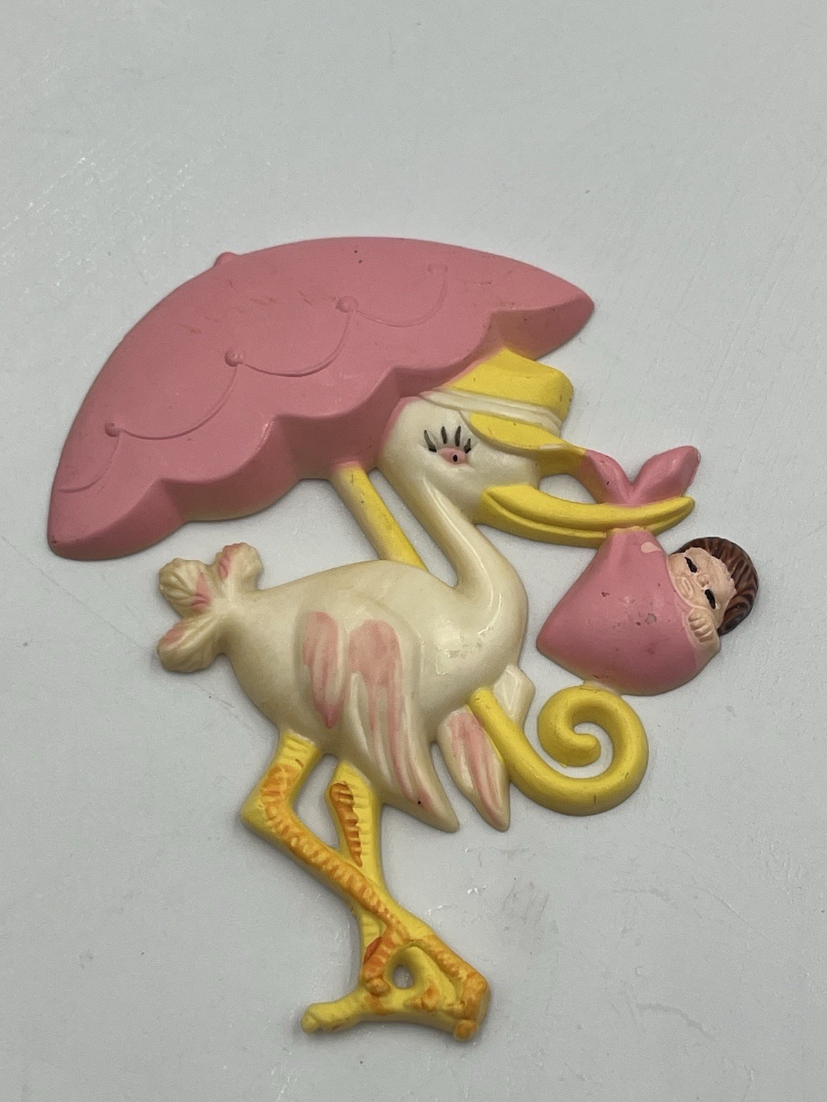 Plastic Pink Stork Umbrella & baby shower favor floral cupcake pic COLLECTIBLE