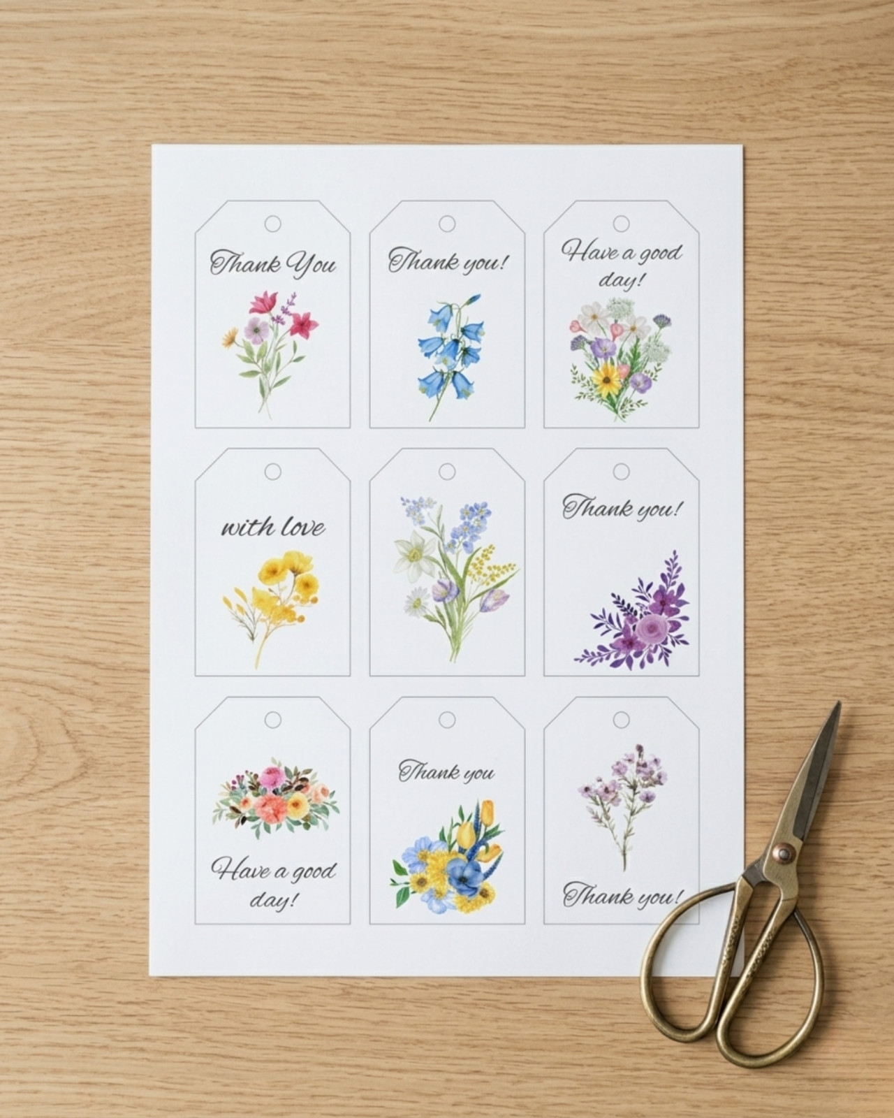 Digtial Thank You Tags Printable 9 Floral Designs on A4 Size Sheet Favour Tags