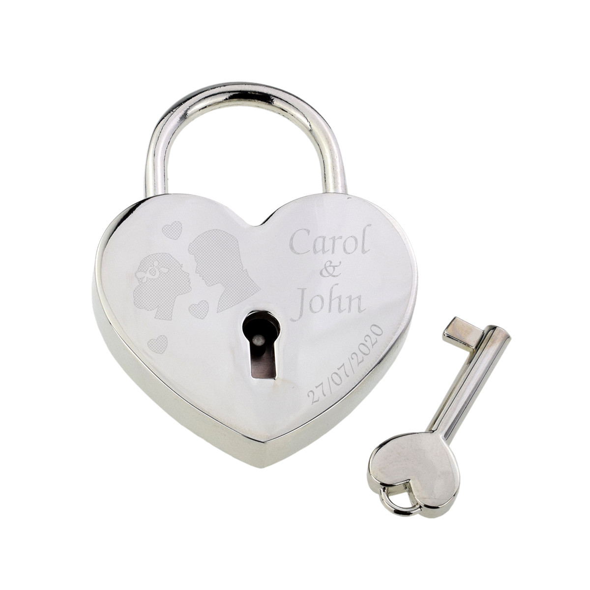 Personalised Lovers Silhouette Silver Love Lock Padlock, Names & Date XPE007