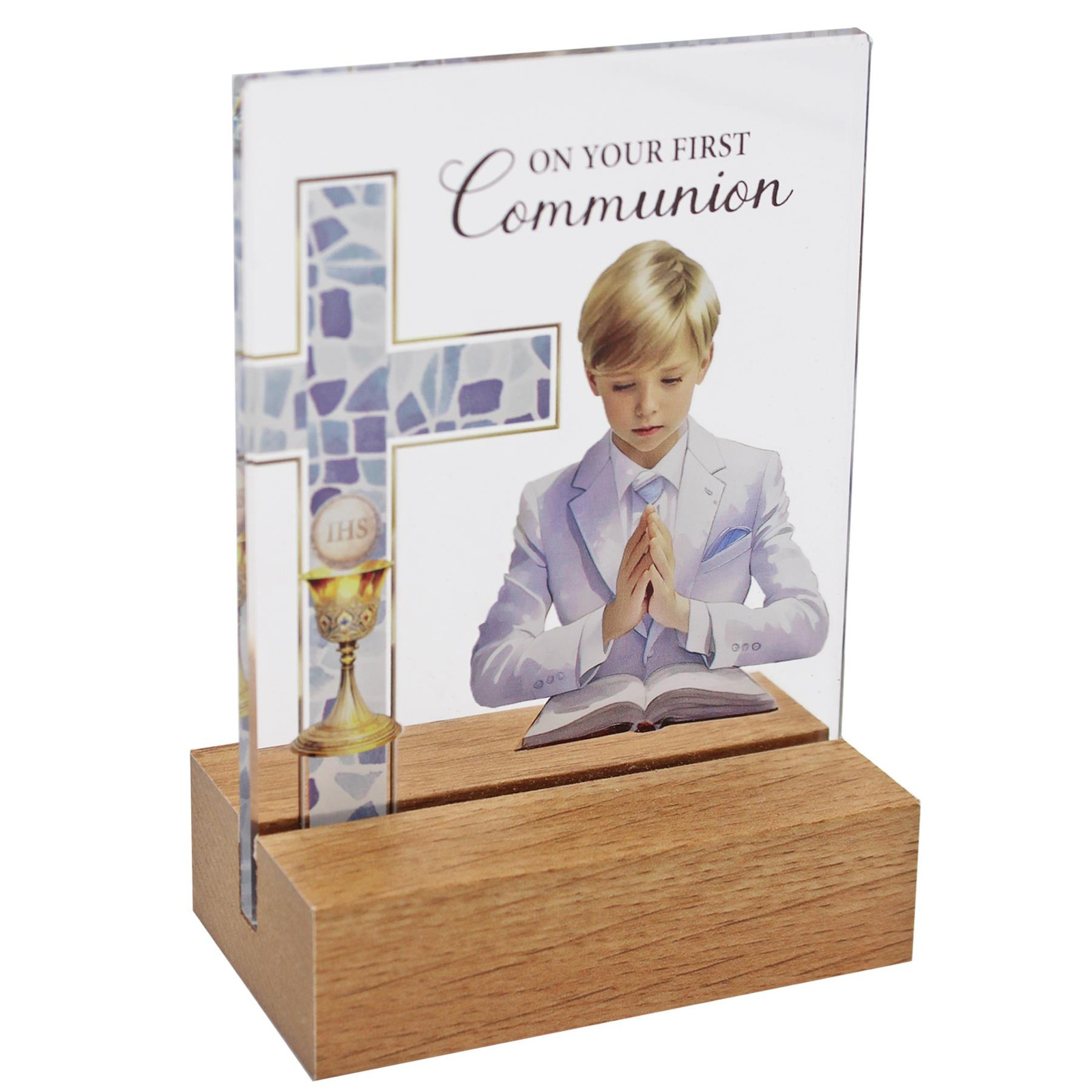 First Communion Glass Plaque on a Wooden Base – Boy