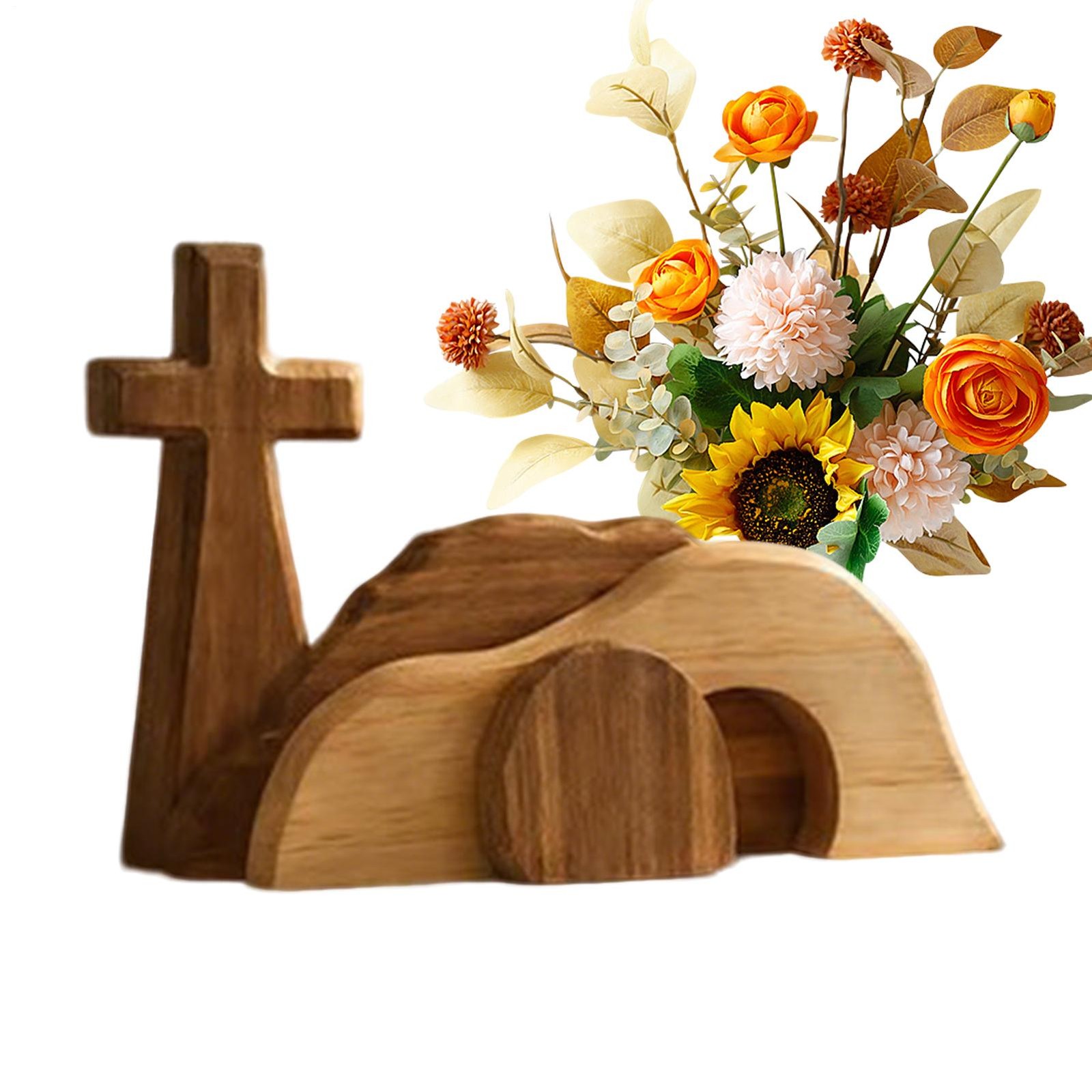 Easter Jesus Nativity Scene Set Wooden Cross Empty Tomb Statue Home Decor