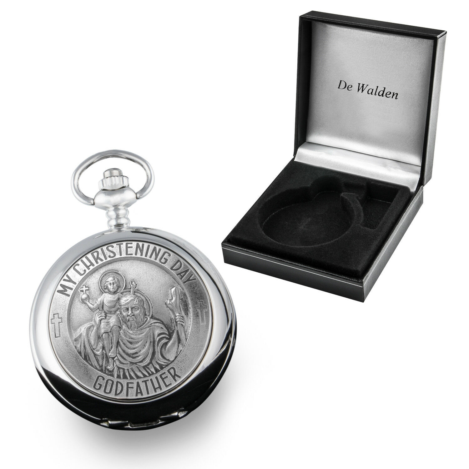 Godfather Christening Gift Engraved St Christopher Pocket Watch Silk Box MOP