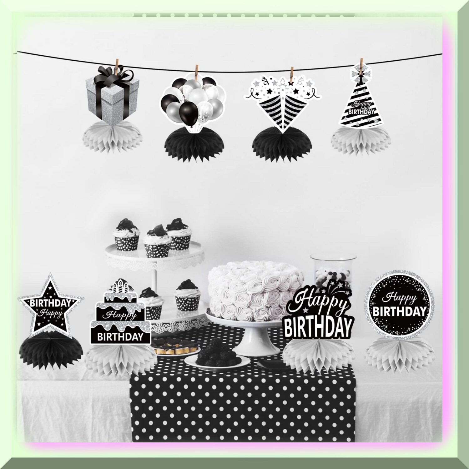 Black White Silver Honeycomb Birthday Centerpieces