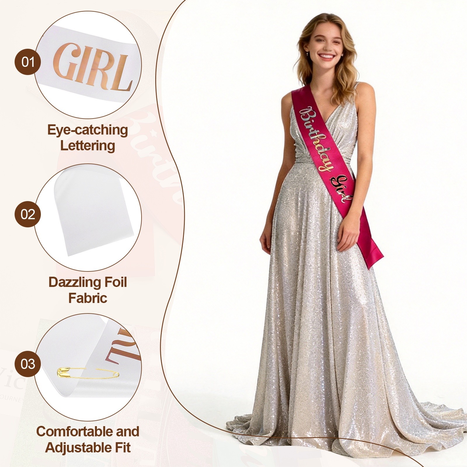Birthday Girls Sash with Pin Rose Gold Foil Lettering for Birthday Party, White