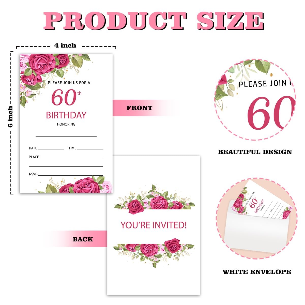 Nopoben 60th Rose Floral Birthday Invitation 4″W x 6″L, Floral-60th
