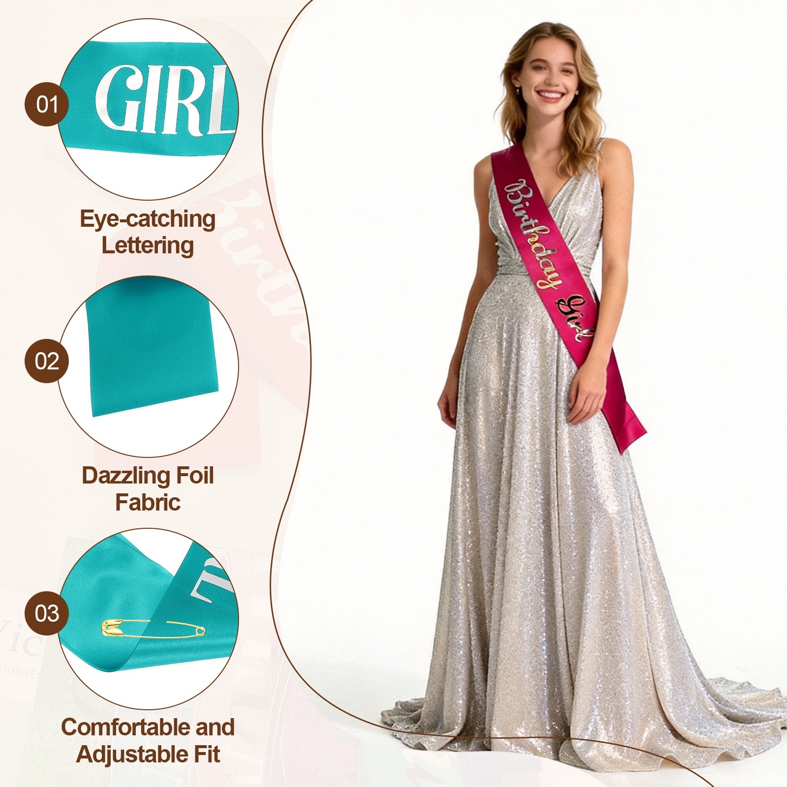 Birthday Girls Sash with Pin Silver Lettering for Birthday Party Turquoise