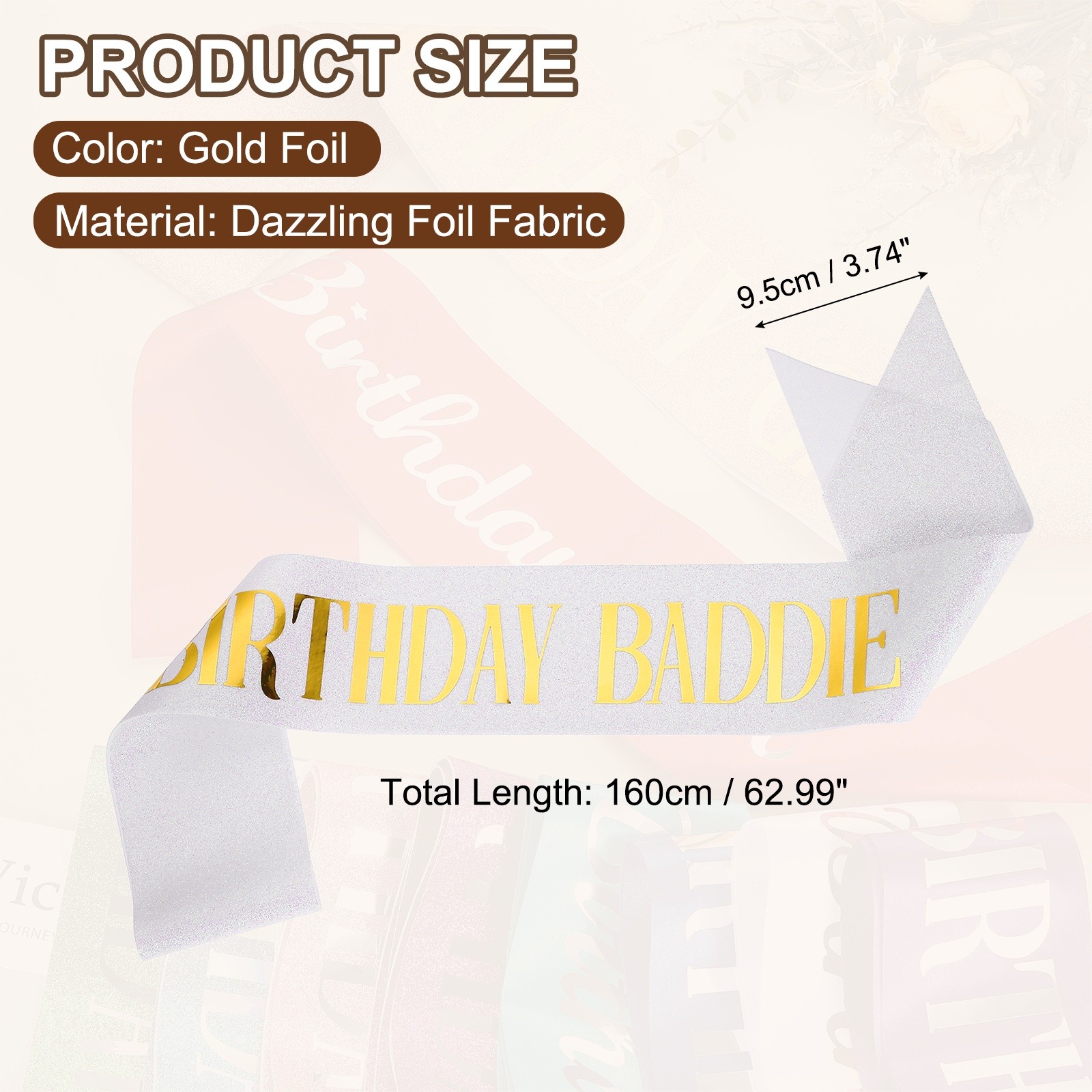 Birthday Baddie Sash with Pin Gold Foil Lettering for Party, White