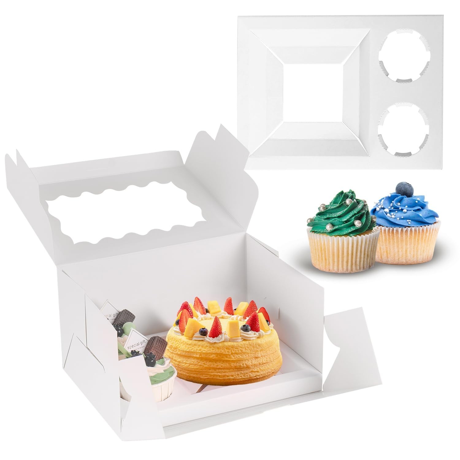 JCD 16 Packs Bento Cake and Cupcake Clear Lid with 2 Cupcake Holes – Cake and…