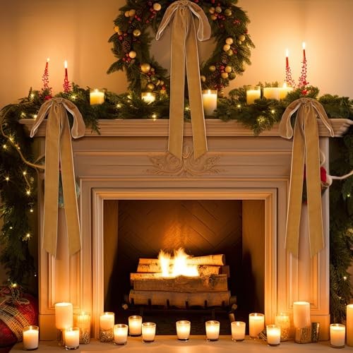 Pcs Velvet Christmas Bows, 23.5 x 8.7 Inches, Rustic Classic Style 4 Khaki
