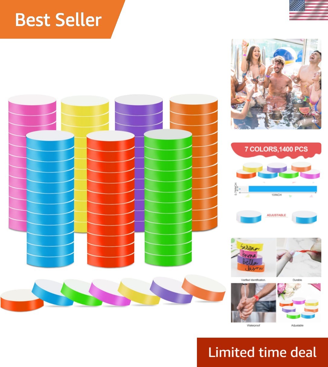 1400 Packs Paper Wristbands for Events, 7 Colors Waterproof Neon Party Wristb…
