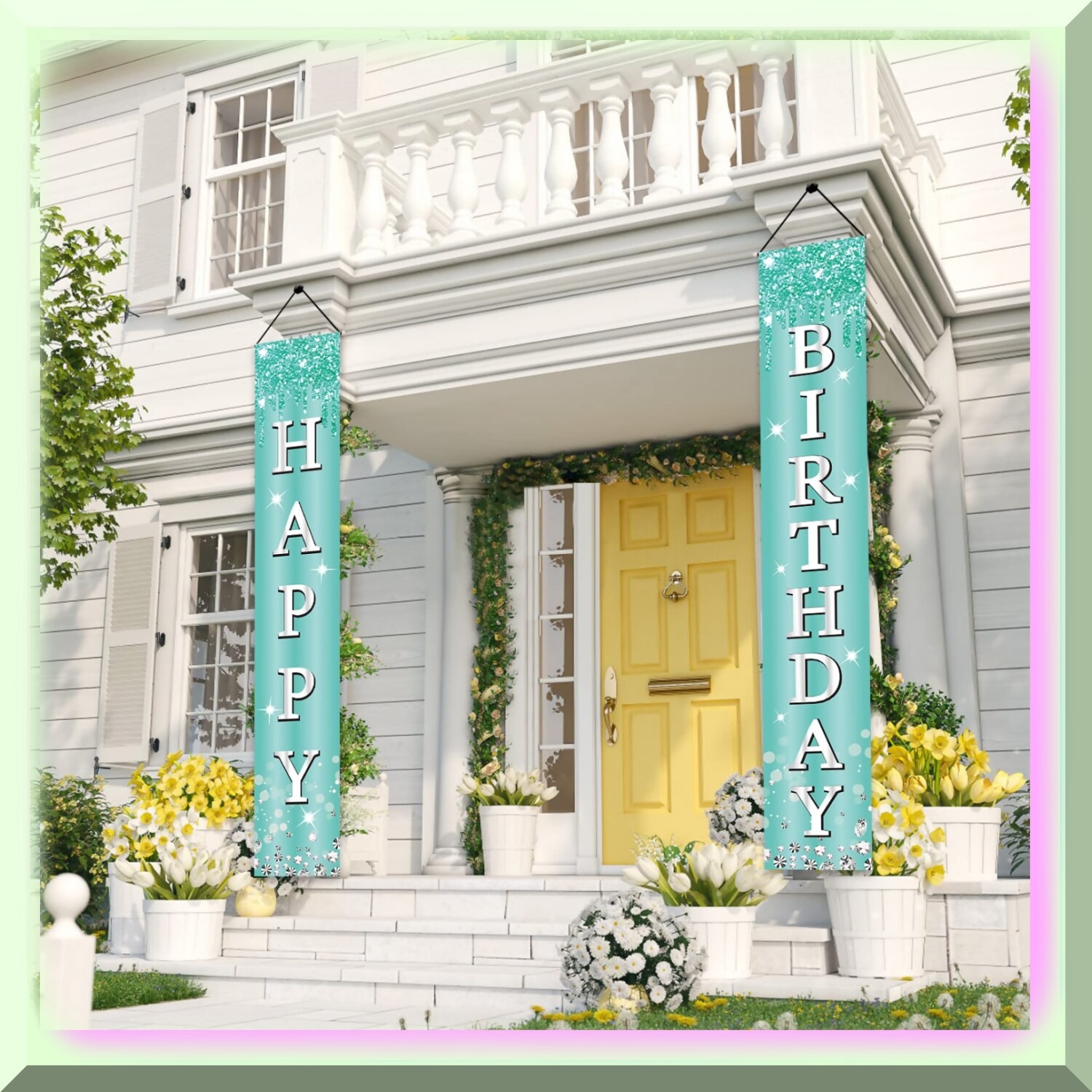 Teal Silver Birthday Door Banner Set for Girls Women