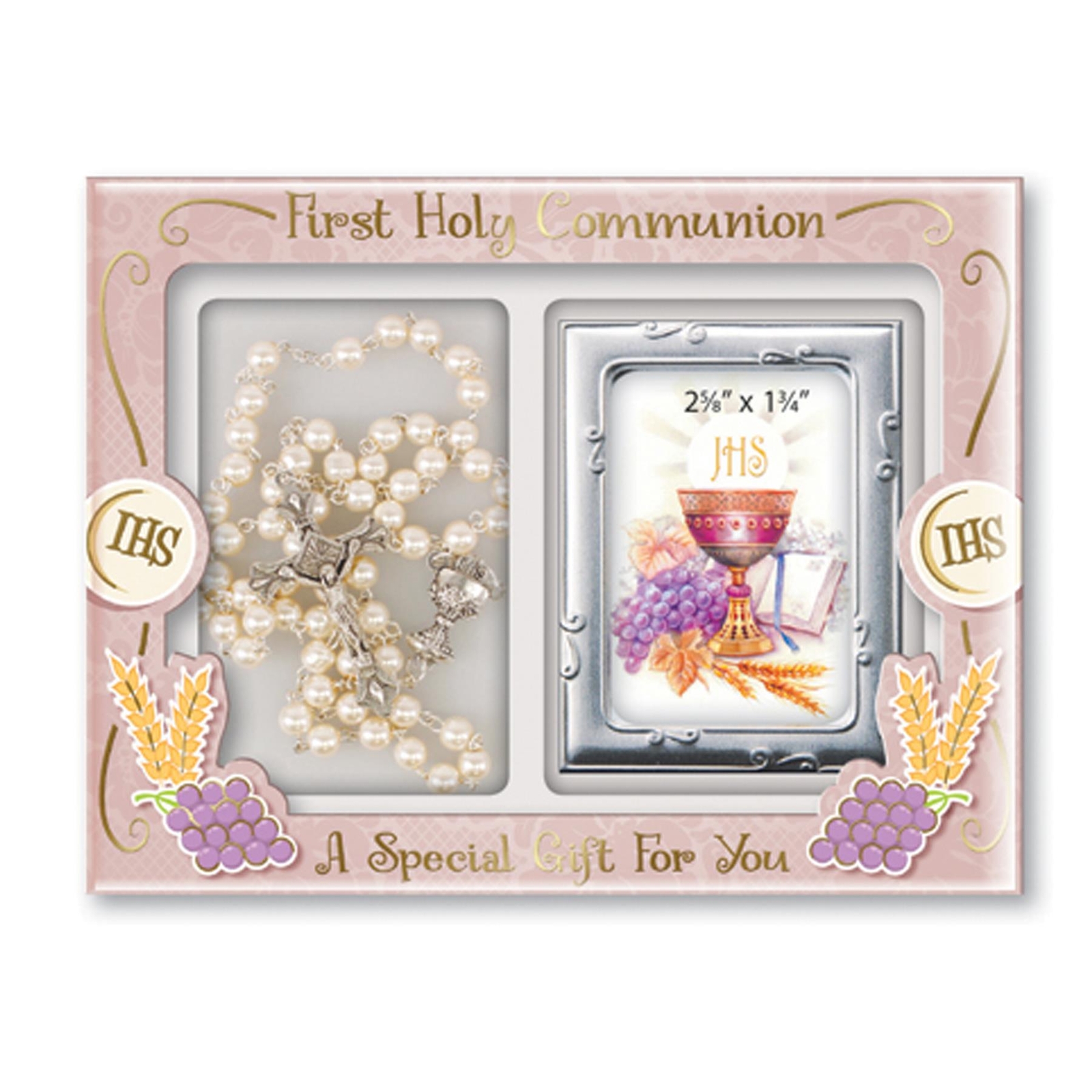 First Holy Communion Pearl Rosary Beads and Photo Frame Gift Set