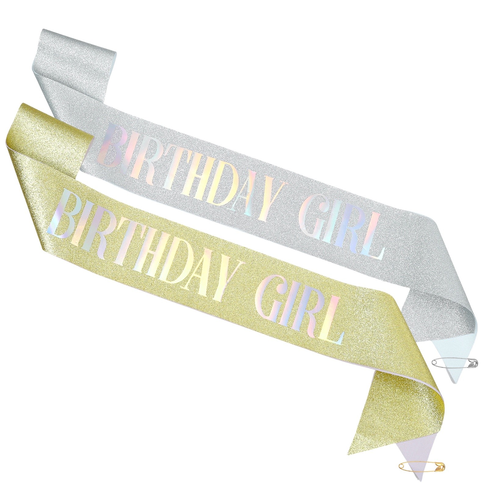 2-Pack Birthday Sash, Birthday Gifts [Gold Glitter, Silver Glitter]