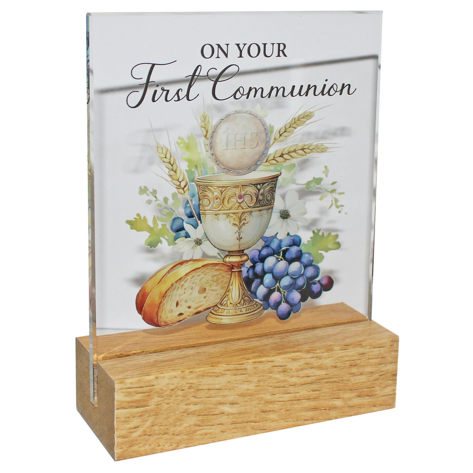 First Communion Glass Plaque on a Wooden Base – Symbolic