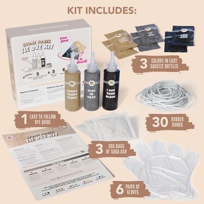 Tie Dye Kit with Black Grey Tan Dyes and Accessories