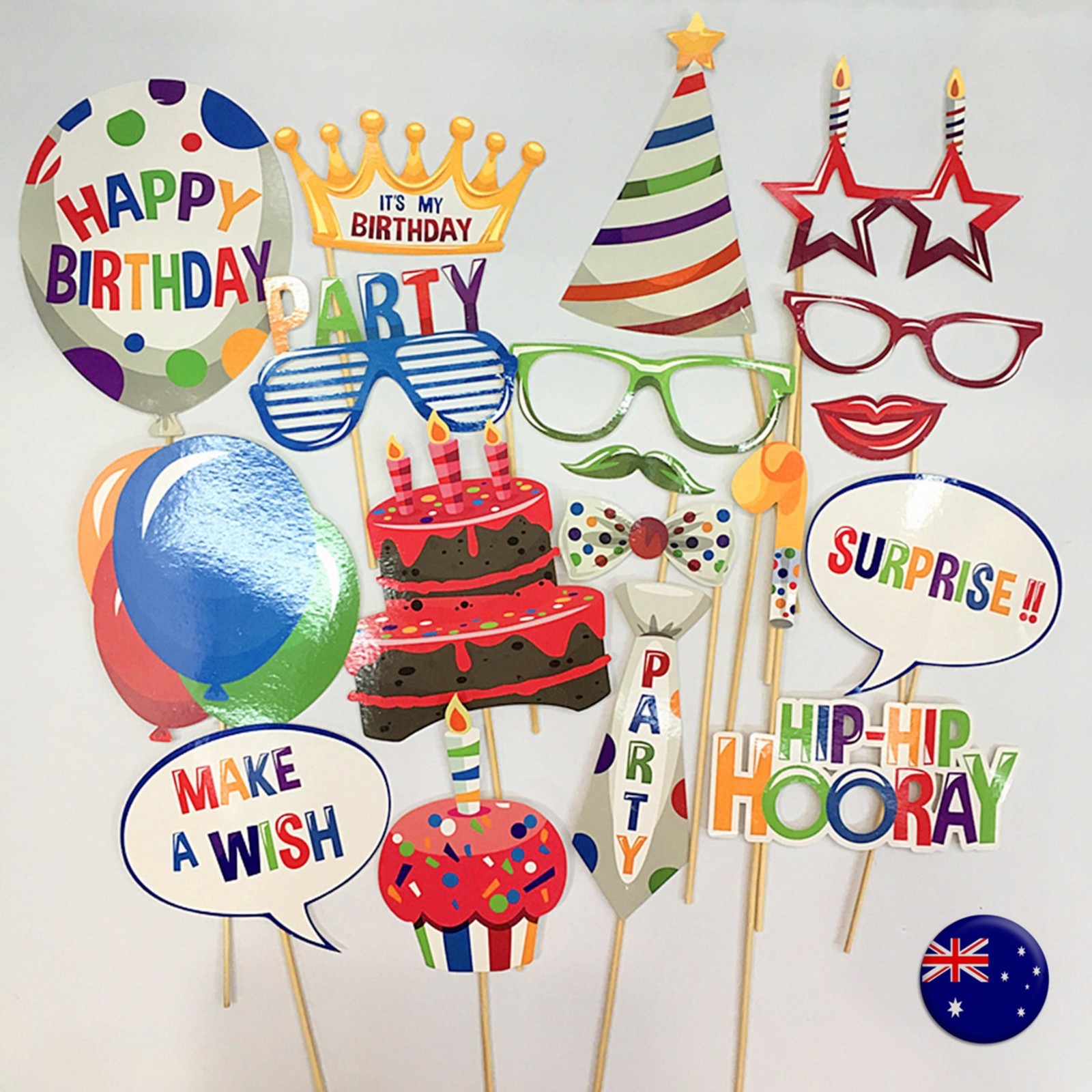 Kids Happy Birthday Party hat balloon Cake Selfie Photo Booth Prop Game Sign