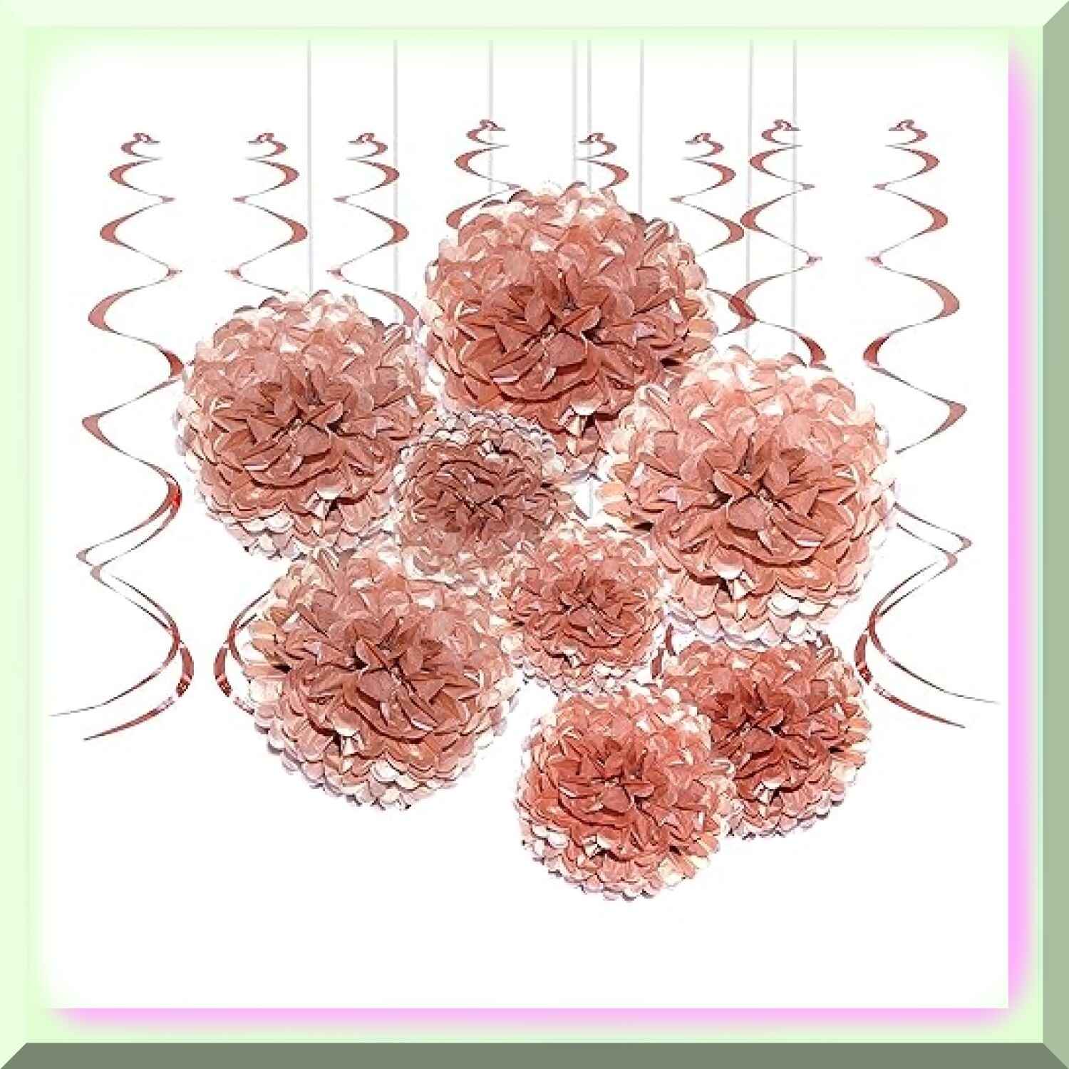 Rose Gold Celebration Decorations Kit with Swirls Pom Poms
