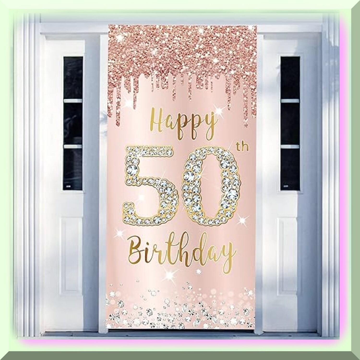 Rose Gold 50th Birthday Door Banner Polyester Indoor Outdoor