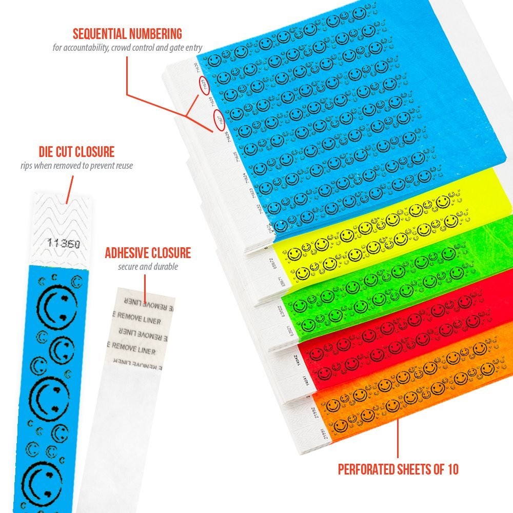 500 WristCo Tyvek Wristbands Smiley Face Variety Pack 500 Count,