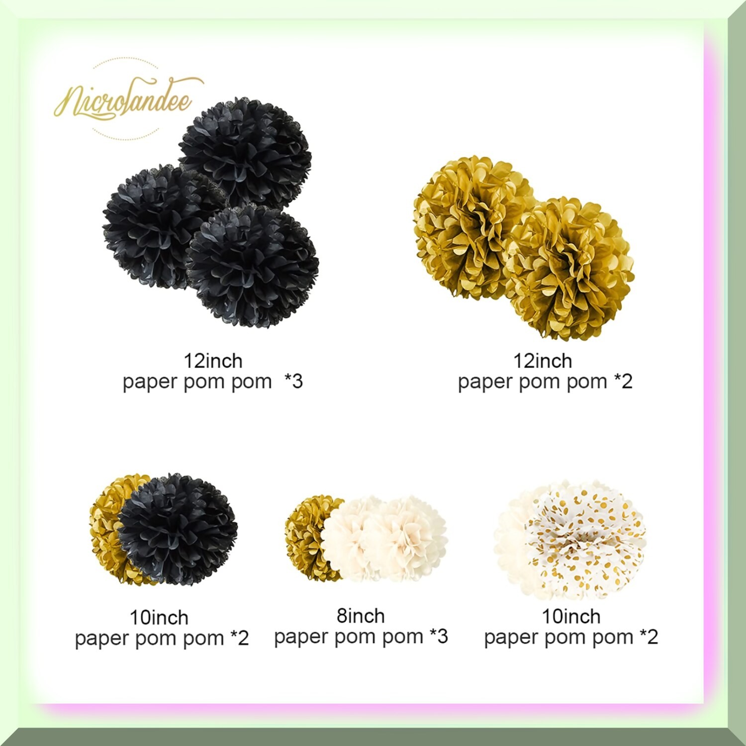Black, Gold, and White Tissue Paper Pom Poms