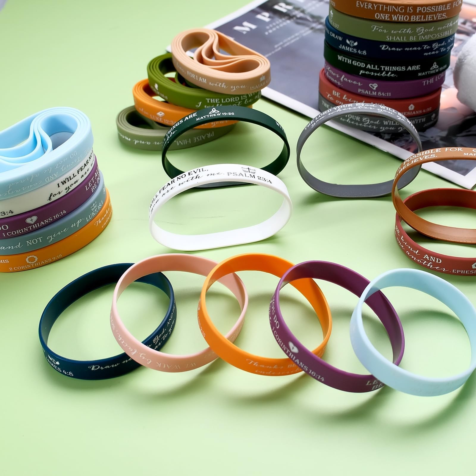 300 Pcs Religious Silicone Wristbands Bulk 15 Colors 20 Styles Bible Verse Br…
