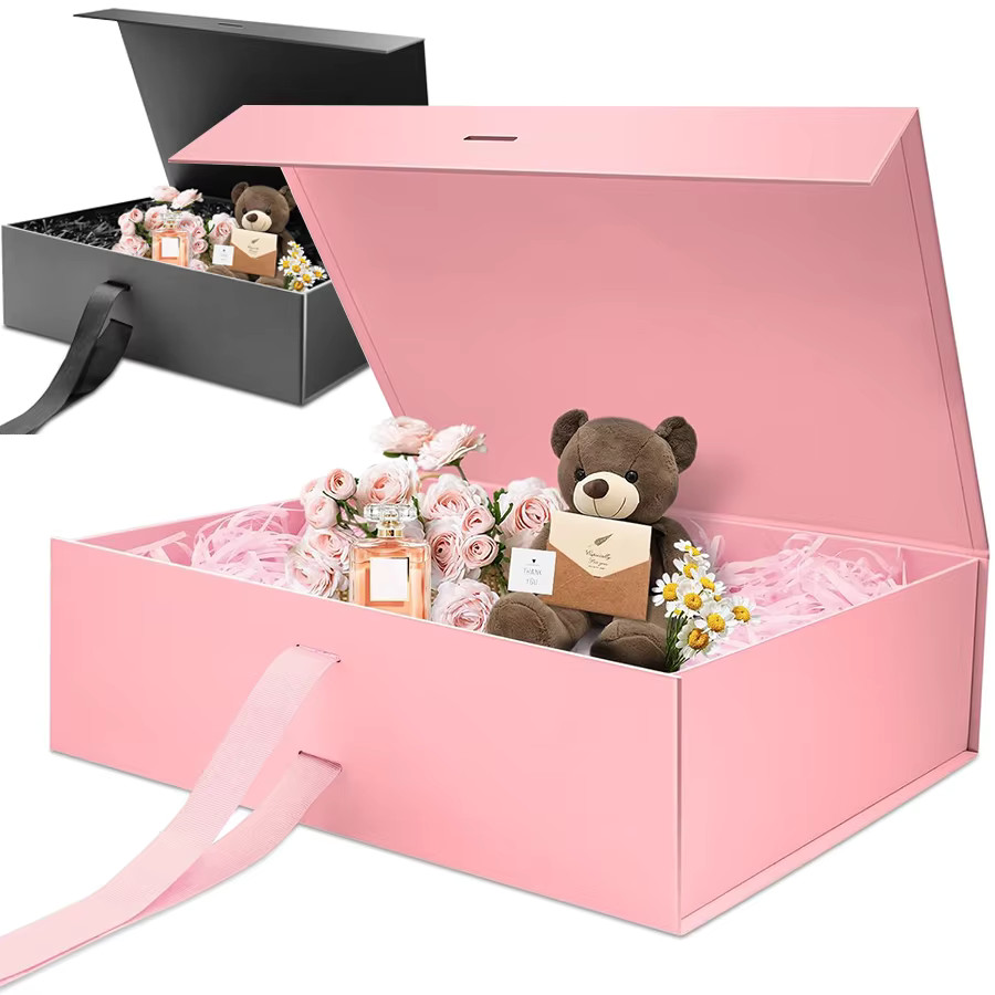 Pink Magnetic Closure Gift Box with Raffia Gold Envelopes Wedding Birthday Jewel