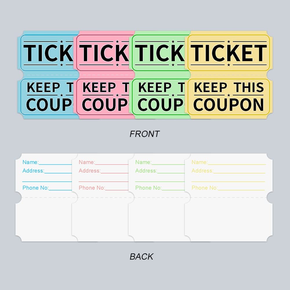 8000 Assorted Raffle Ticket Rolls, Double Raffle Tickets Set of 4 Colors Prin…
