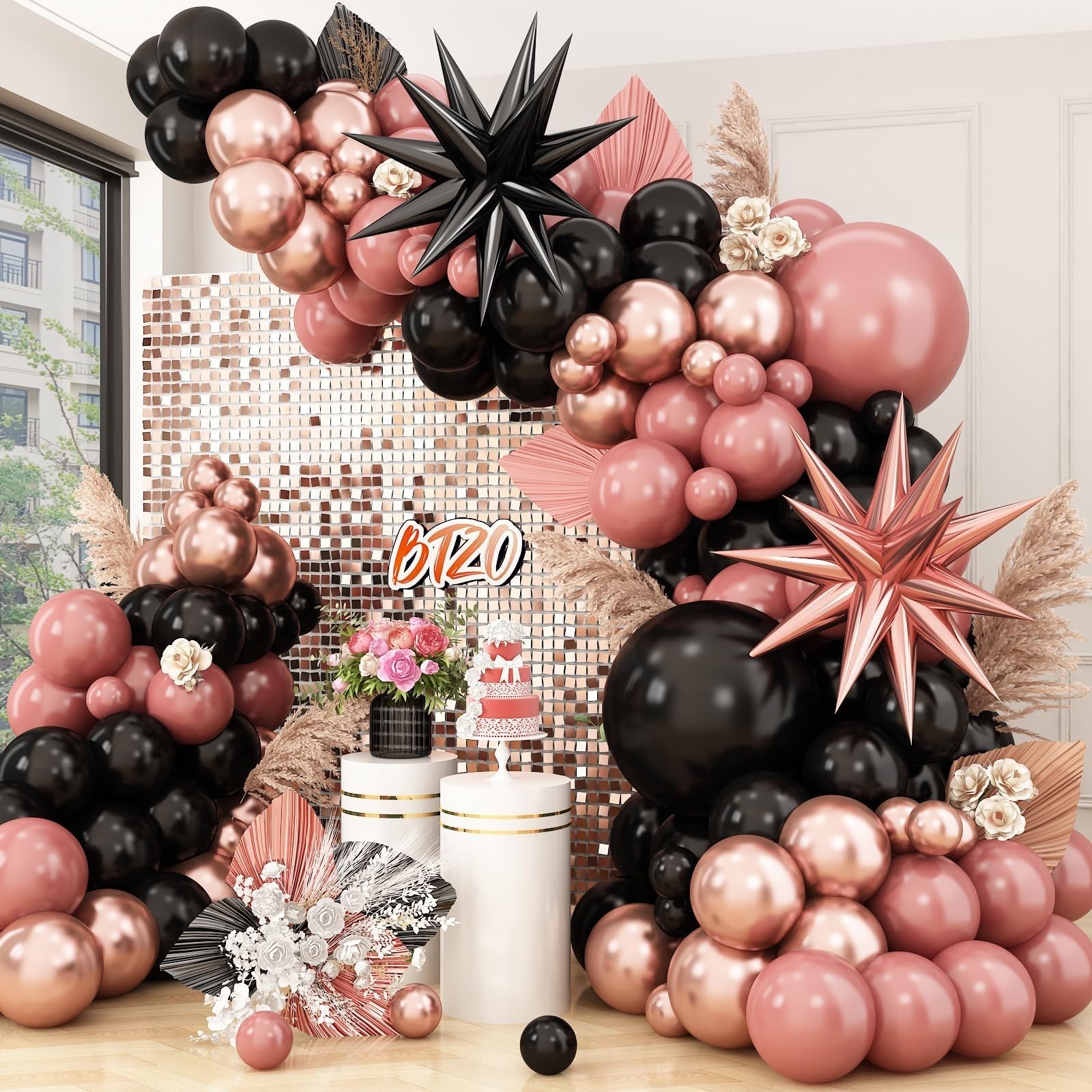 Dusty Pink and Black Balloon Arch,Blush Pink Balloon Garland with Star Foil R…