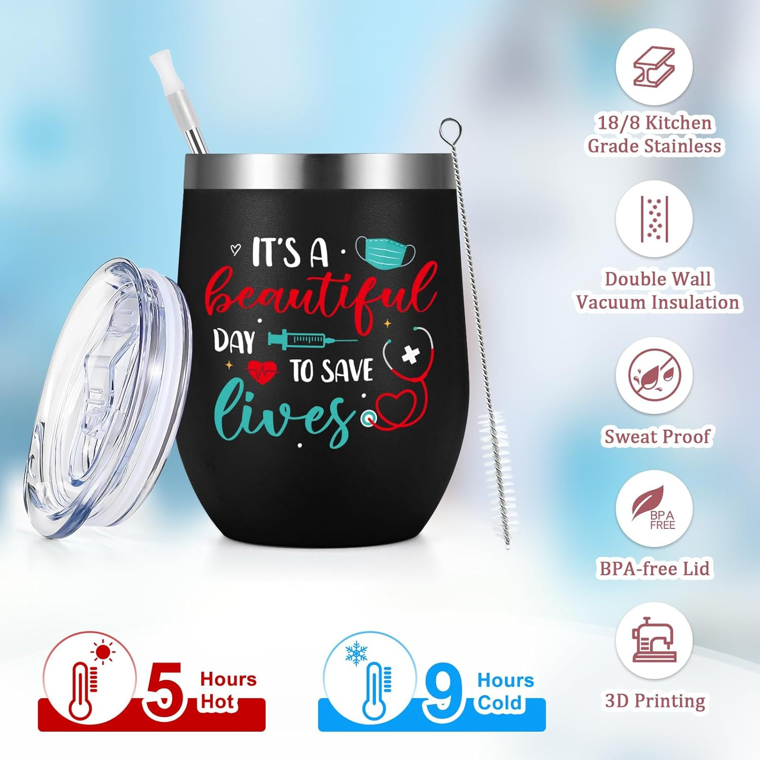 30Pcs Nurses Week Gifts Bulk 2026, 12Oz Nursing Wine Tumblers, Badge Clips, Ball