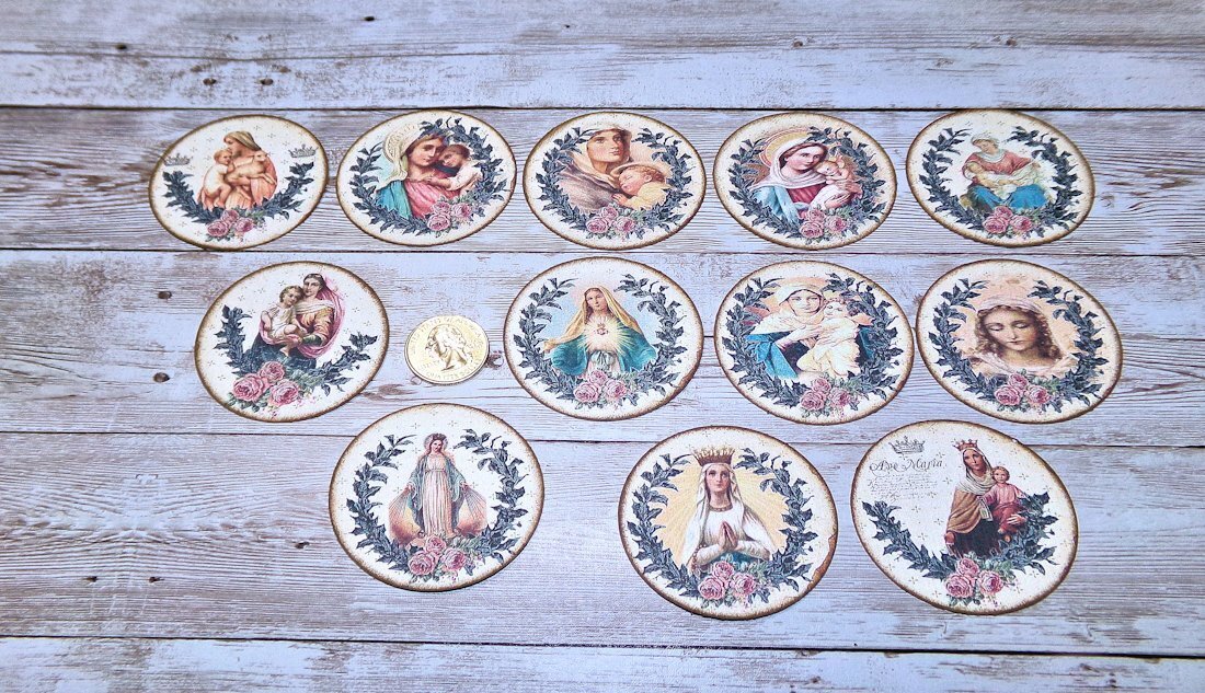 12~Vintage~Religious~Holy Mary~Junk Journal~Linen Cardstock~Circle~Stickers