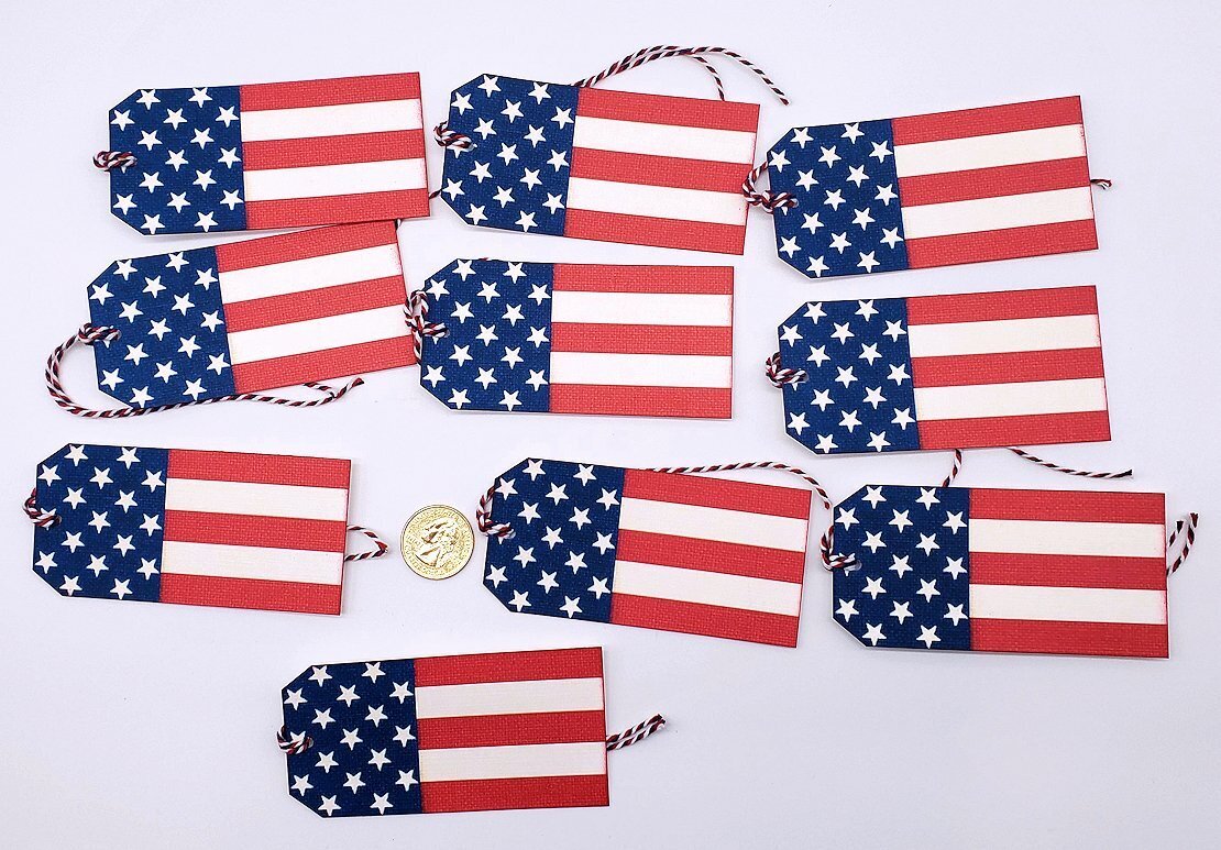 10-4th Of July-Patriotic-Handmade-Flag-Linen Cardstock-Gift-Hang-Tags